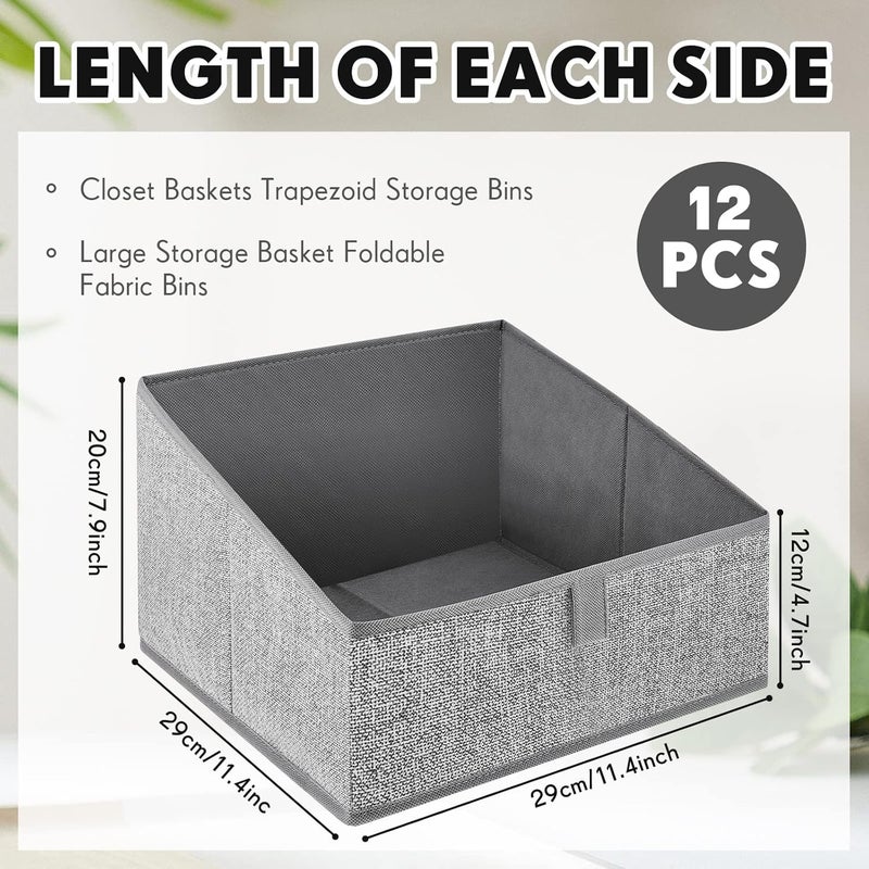 Queekay 12 Pcs Closet Baskets Trapezoid Storage Bins Closet Storage Bins Foldable Fabric Bins Closet Shelf Organizer Bins Storage Box for Clothes Books Baby Toiletry Dvd Toys Towel 114 x 114 x 79 Inch - Image 2