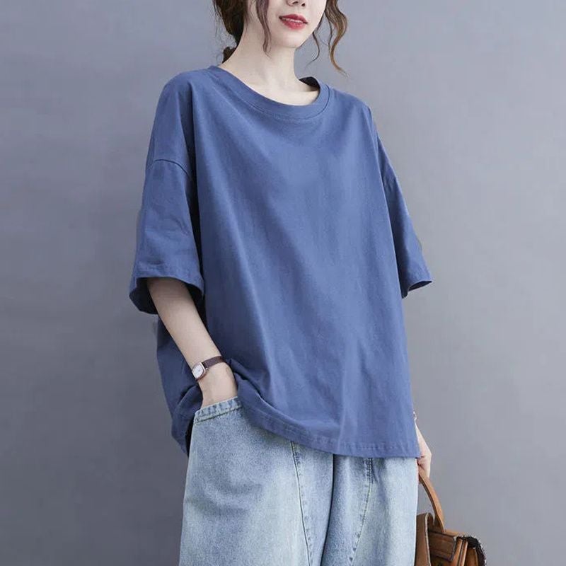 100Kg Plus Size Women'S Export Cut Label Flesh-Covering T-Shirt For Women 2025 Summer Loose Pure Color Short-Sleeved Round Neck T-Shirt For Women - Image 2