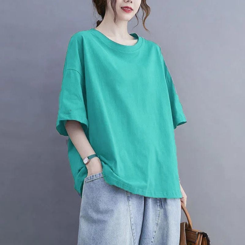 100Kg Plus Size Women'S Export Cut Label Flesh-Covering T-Shirt For Women 2025 Summer Loose Pure Color Short-Sleeved Round Neck T-Shirt For Women - Image 5