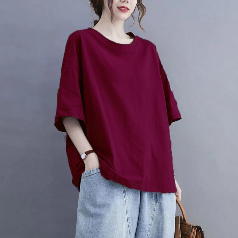 100Kg Plus Size Women'S Export Cut Label Flesh-Covering T-Shirt For Women 2025 Summer Loose Pure Color Short-Sleeved Round Neck T-Shirt For Women - Image 1