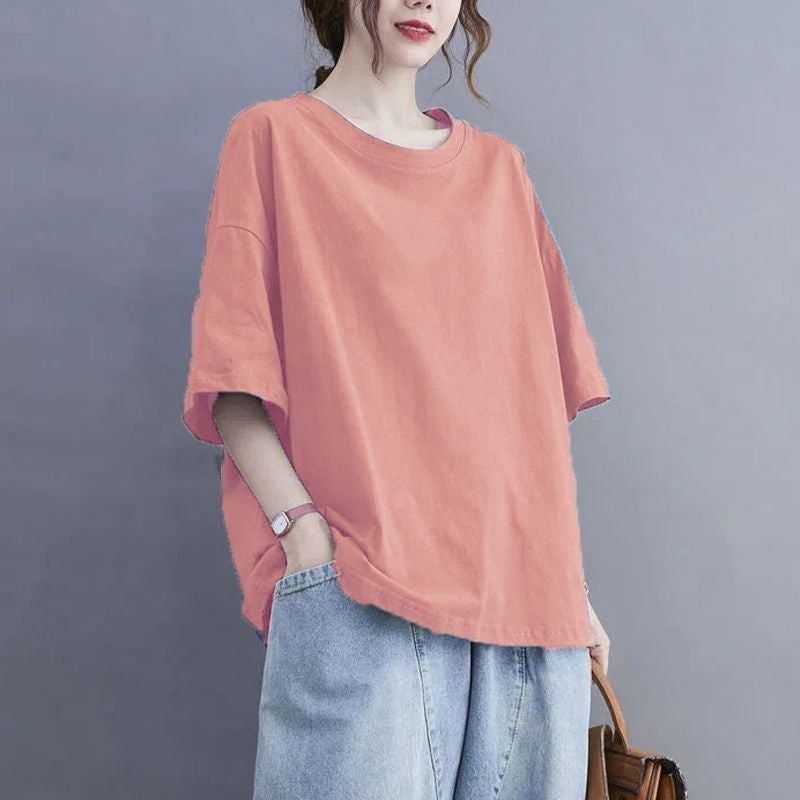 100Kg Plus Size Women'S Export Cut Label Flesh-Covering T-Shirt For Women 2025 Summer Loose Pure Color Short-Sleeved Round Neck T-Shirt For Women - Image 4