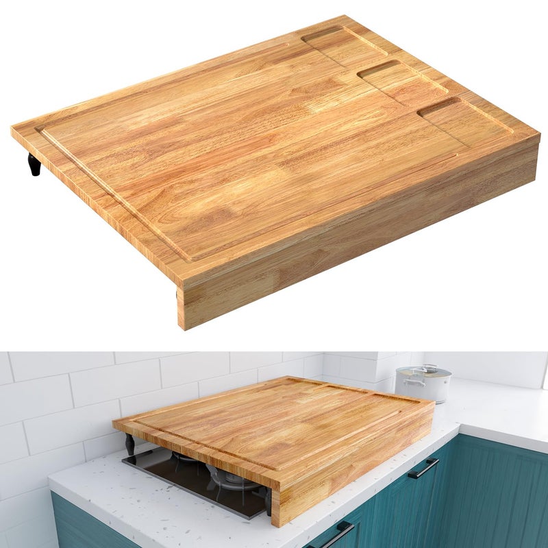 BETSEO 32x23.5inches Extra Large Solid Wooden Cutting Board and Stovetop Cover, 2 in 1 Stove Top Cover Chopping Board with Detachable Legs and Juice Groove, Sink Cover Board for Restaurant Kitchen Countertop - Image 3