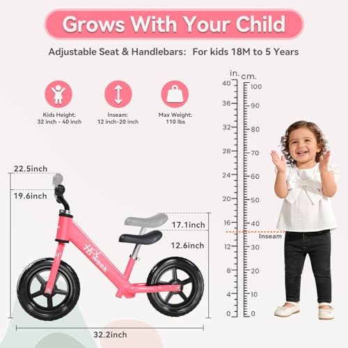 HAWEEK Toddler Balance Bike 12 No Pedal Training Bike for Kids 25 Years Adjustable Seat Handlebar Best Gifts for 13 Boys Girls Pink - Image 5