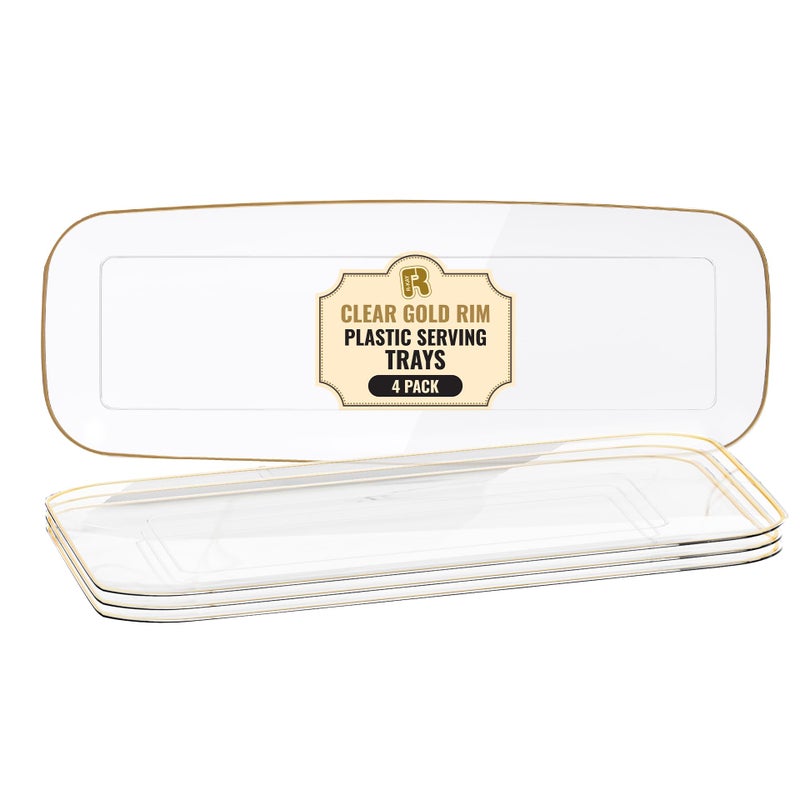 R-kay 4 Pack Plastic Serving Trays For Party - Gold Serving Tray 17 by 6.5 Inch - Heavy Duty Clear Trays For Food - Long Party Serving Trays For Entertaining - Clear Platters - Image 1