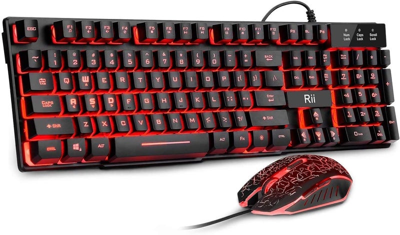 Rii Gaming Keyboard and Mouse Set, 3-LED Backlit Mechanical Feel Business Office Keyboard, Colorful Breathing Backlit Mouse for Working or Primer Gaming, Office Device (RK108) - Image 1
