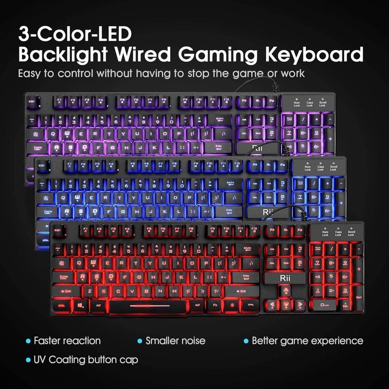 Rii Gaming Keyboard and Mouse Set, 3-LED Backlit Mechanical Feel Business Office Keyboard, Colorful Breathing Backlit Mouse for Working or Primer Gaming, Office Device (RK108) - Image 4