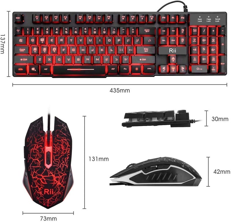 Rii Gaming Keyboard and Mouse Set, 3-LED Backlit Mechanical Feel Business Office Keyboard, Colorful Breathing Backlit Mouse for Working or Primer Gaming, Office Device (RK108) - Image 3