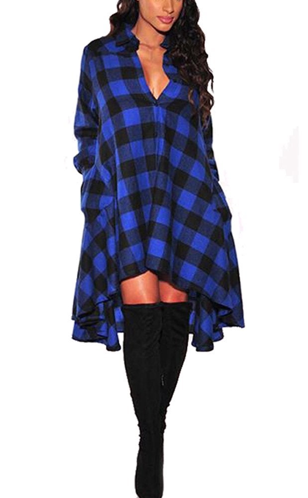 olrain Womens Plaids V Neck Long Sleeve Irregular Hem Casual Shirt Dress Small Blue - Image 1