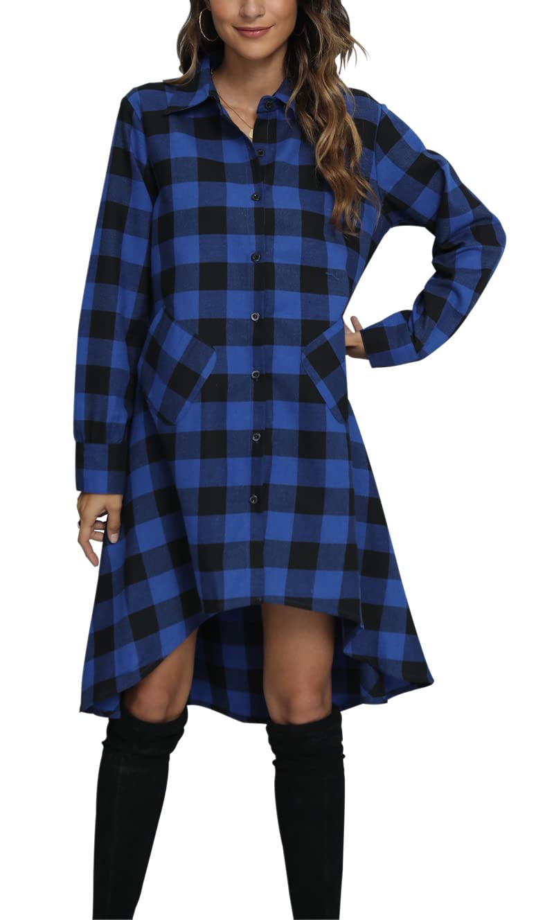 olrain Womens Plaids V Neck Long Sleeve Irregular Hem Casual Shirt Dress Small Blue - Image 2