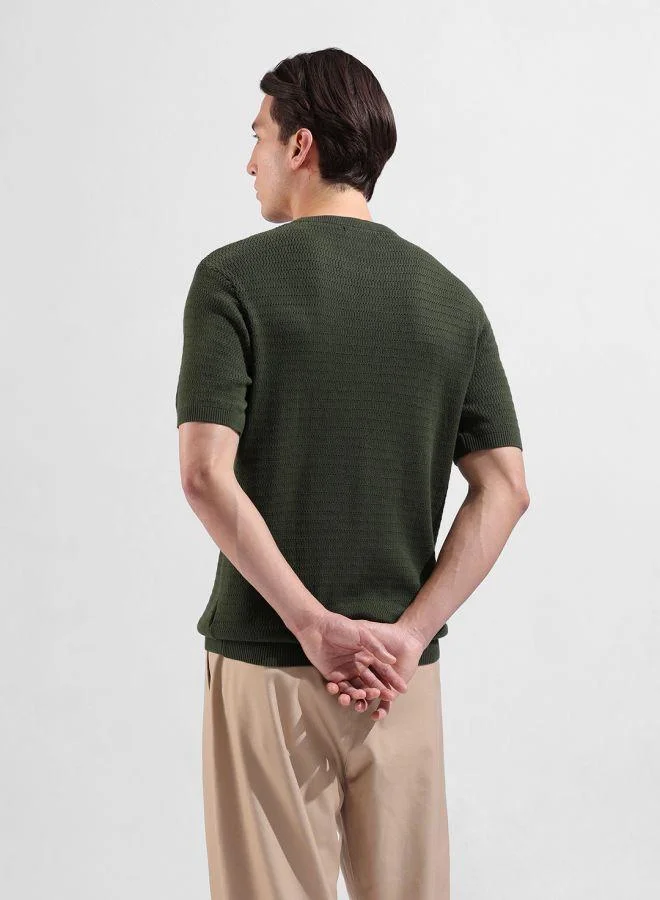 The Indian Garage Co Men Slim Fit Textured Crew Neck Half Sleeves T-Shirt