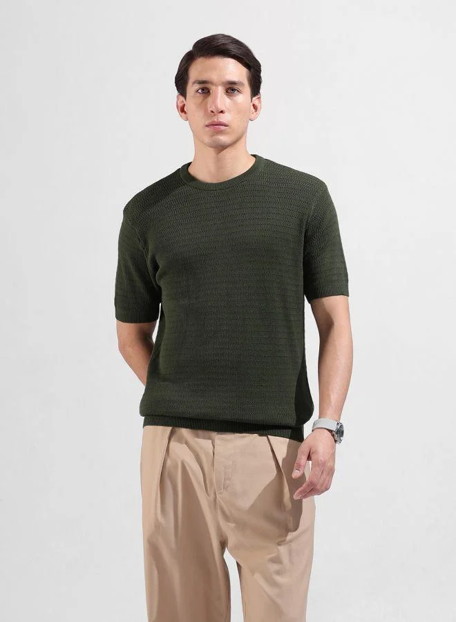 The Indian Garage Co Men Slim Fit Textured Crew Neck Half Sleeves T-Shirt