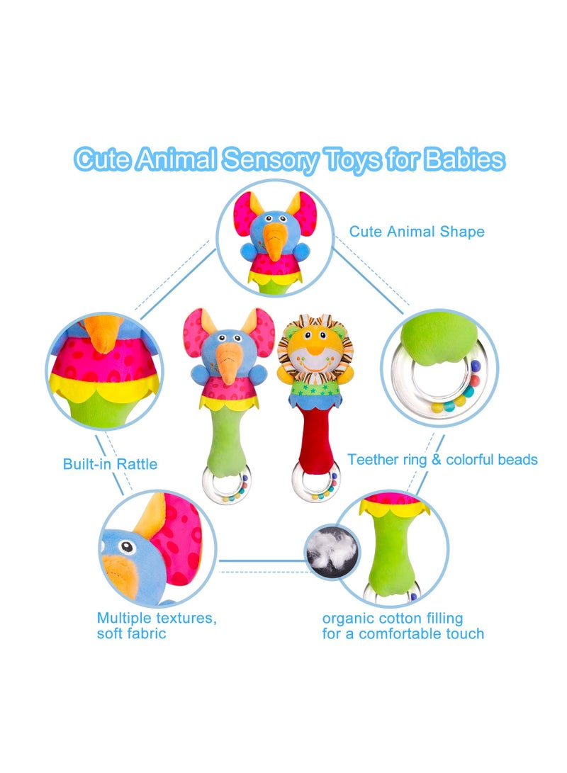 SYOSI 2 Pack Baby Soft Rattle Toys for Newborns, Plush Rattle Stuffed Animals Hand Grip Rattle Set Molar Teether Rings Early Educational Toy Soft Rattle and Teether Toy for Toddler 0 3 6 9 12 Month Gift - Image 2