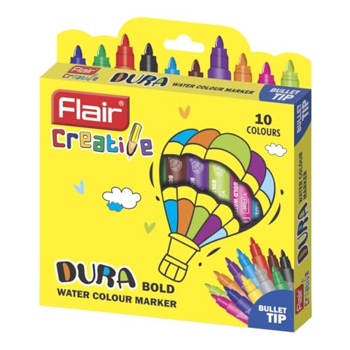 FLAIR Creative Series Dura Bold Water Color Pen | Smudge Free Writing With Durable Built & Bullet Tip | Non-Toxic & Odorless Ink | Safe For Childrens | Set Of 10 Vivid & Bright Ink Colors - Image 3