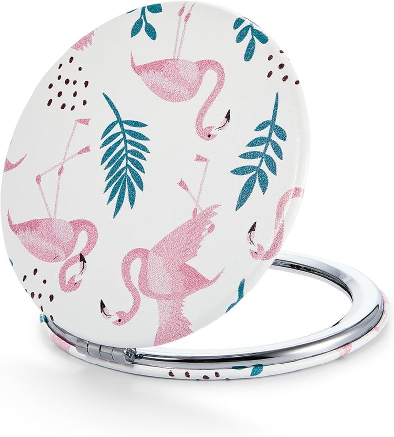 1X/10X(300R) Compact Magnifying Mirror, Unique Painting Pocket Mirror with Classical PU Leather (Round，Pink Flamingos)