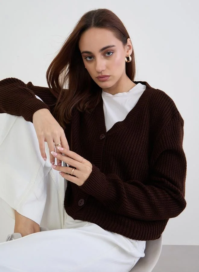 Styli Brown Regular Fit Chunky Knit Cardigan