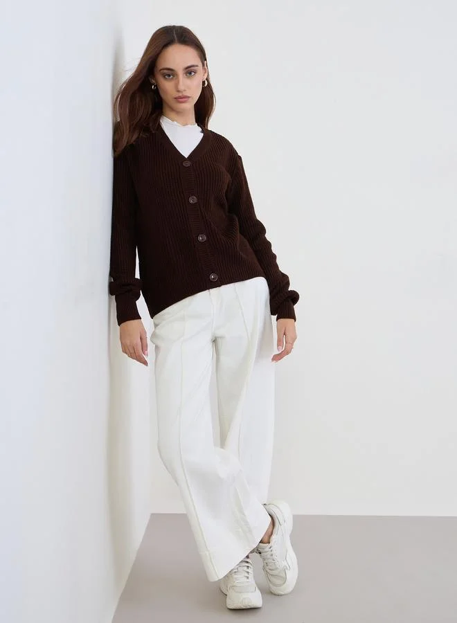 Styli Brown Regular Fit Chunky Knit Cardigan