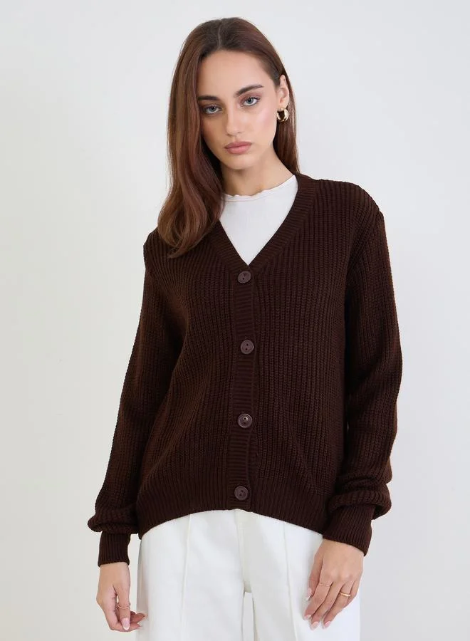 Styli Brown Regular Fit Chunky Knit Cardigan