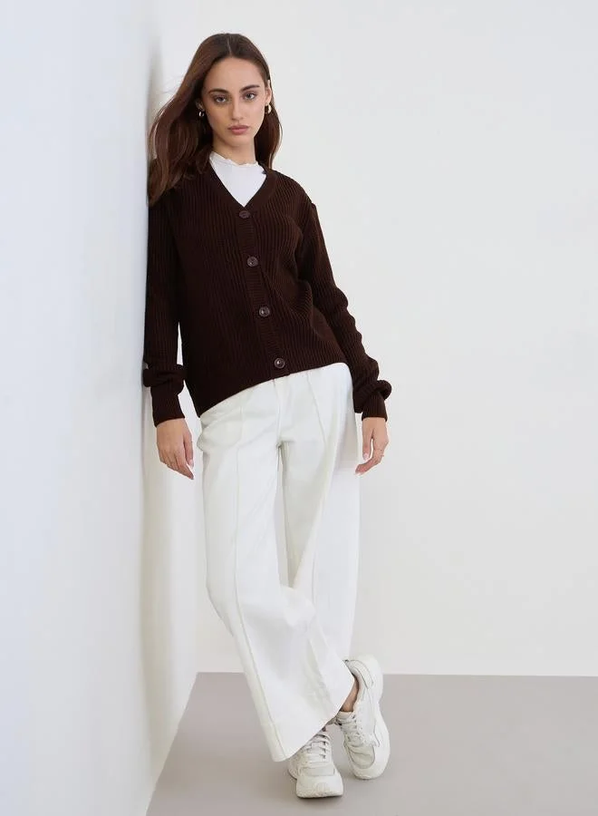 Styli Brown Regular Fit Chunky Knit Cardigan