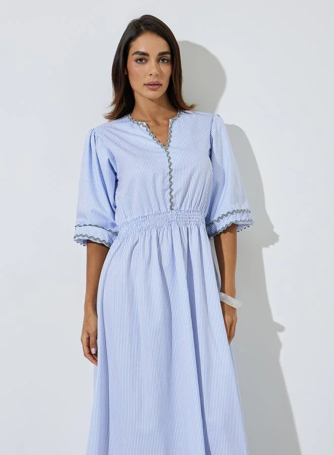 Styli Blue Striped V-Neck Lace Details A-Line Midi Dress