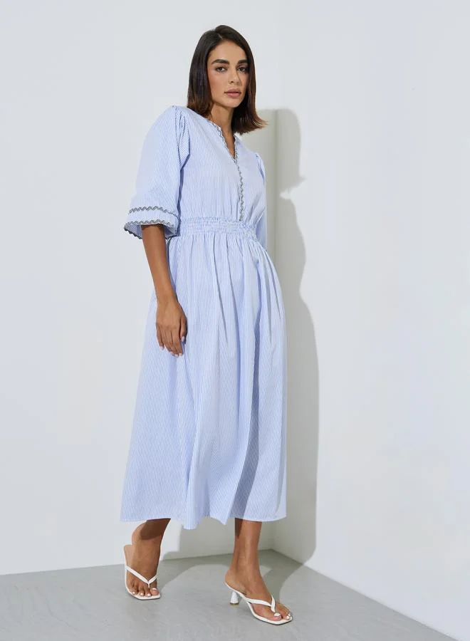 Styli Blue Striped V-Neck Lace Details A-Line Midi Dress