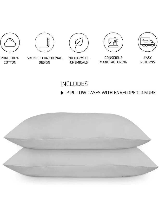 Rocketlinen Rocketlinen 400 Threadcount Pillow Cases 100% Cotton Set of Two Sateen Weave Hotel Style Light Grey (Queen Pillowcases 50x75cm)
