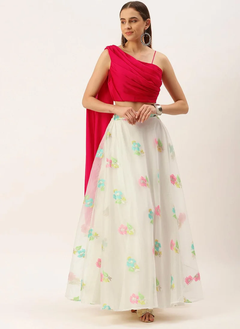 ZERESOUQ Off White & Pink Organza Jacquard Skirt & Top