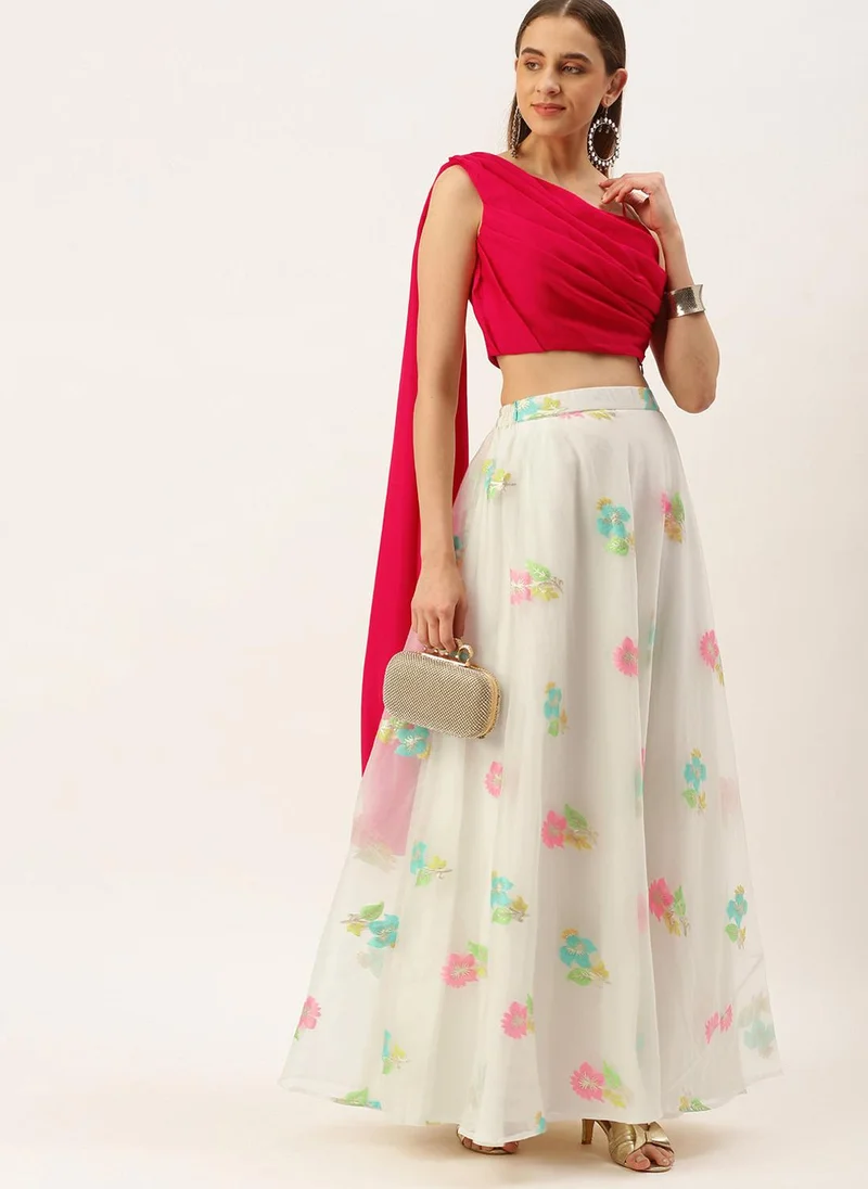 ZERESOUQ Off White & Pink Organza Jacquard Skirt & Top