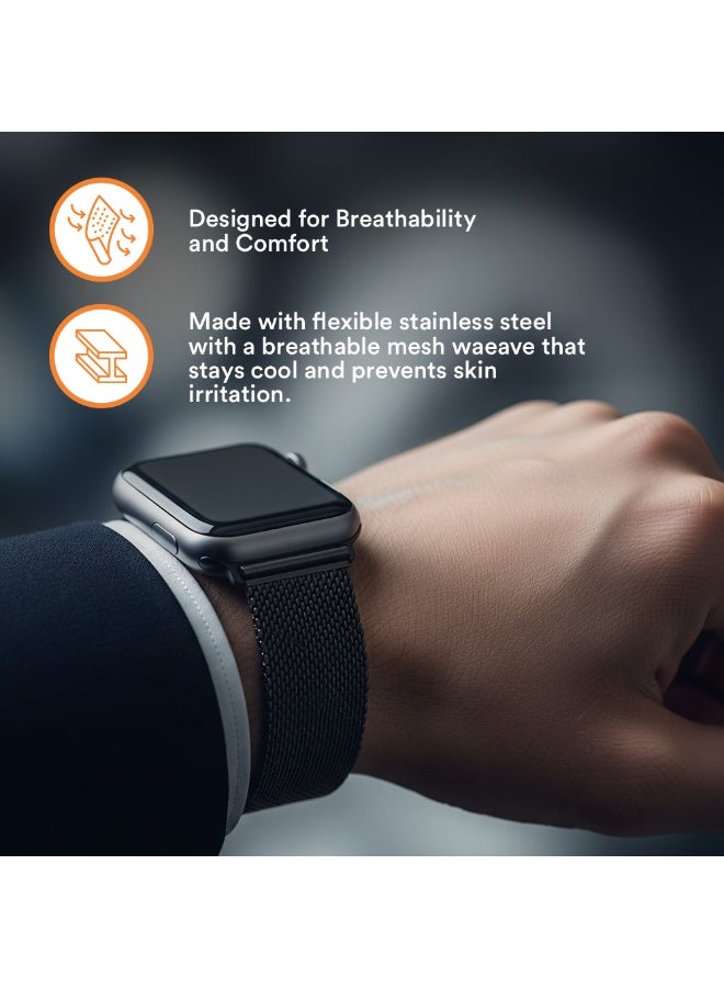 FITIT حزام معدني من الفولاذ المقاوم للصدأ من FITIT بحلقة ميلانيزية بديل من سبيكة معدنية لسلسلة iWatch 9 وما دونها، مقاس 38 مم 40 مم 41 مم مع قفل مغناطيسي قوي، أسود - Image 4