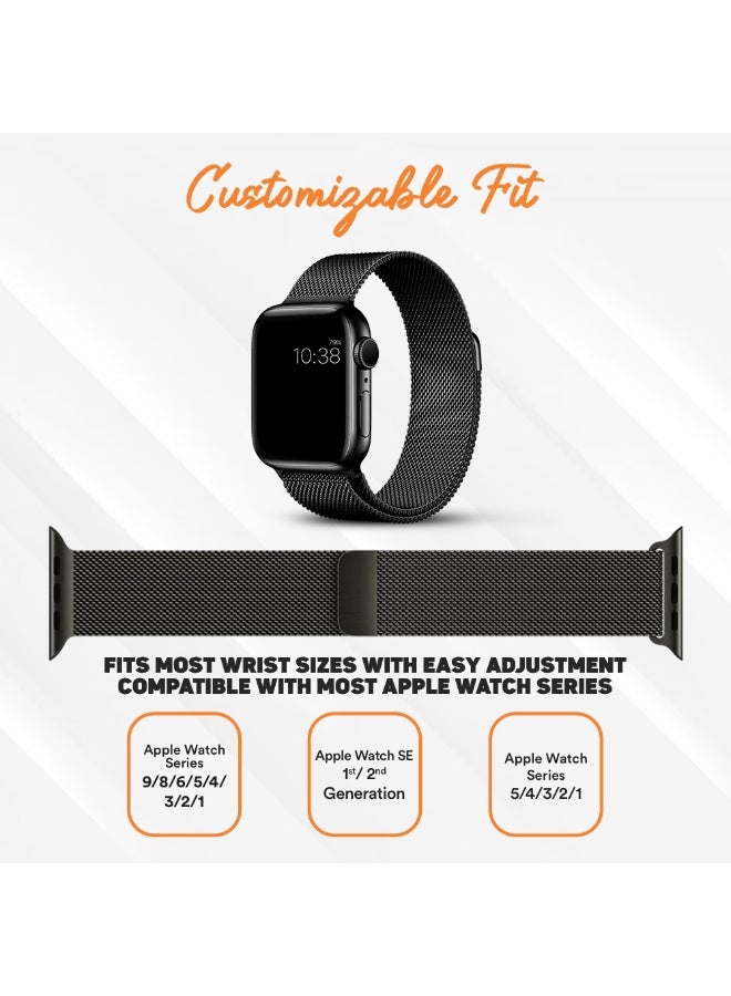 FITIT حزام معدني من الفولاذ المقاوم للصدأ من FITIT بحلقة ميلانيزية بديل من سبيكة معدنية لسلسلة iWatch 9 وما دونها، مقاس 38 مم 40 مم 41 مم مع قفل مغناطيسي قوي، أسود - Image 5