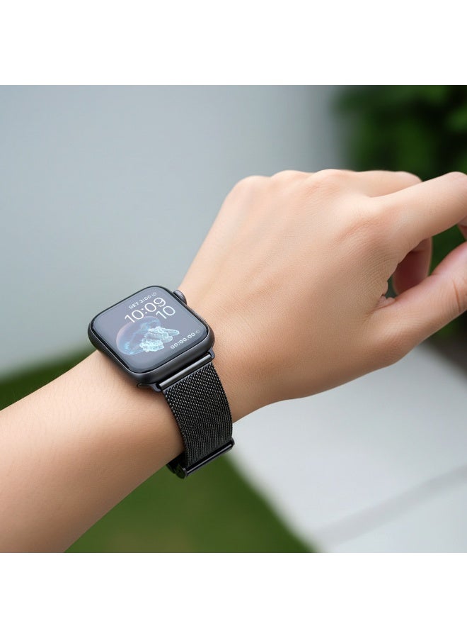 FITIT حزام معدني من الفولاذ المقاوم للصدأ من FITIT بحلقة ميلانيزية بديل من سبيكة معدنية لسلسلة iWatch 9 وما دونها، مقاس 38 مم 40 مم 41 مم مع قفل مغناطيسي قوي، أسود - Image 2