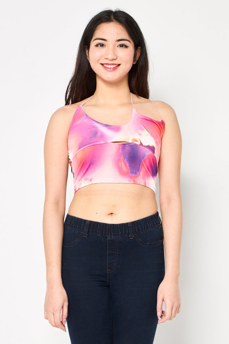 Bershka Women Halter Neck Sleeveless Allover Print Tank Top, Multicolor - Image 1