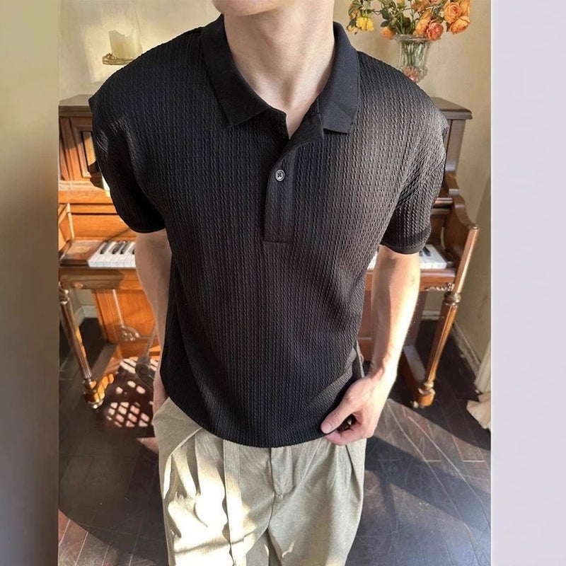 Old Money Style Textured Knit Short-Sleeve Men's Summer Retro Hollow-Out Polo Shirt, Solid Color Casual Loose Versatile Half-Sleeve