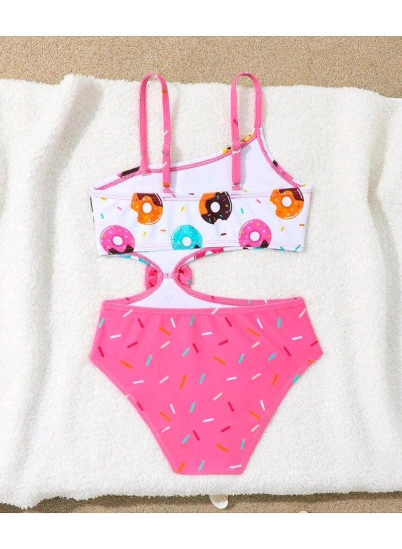 SHEIN Girls Young Girl Cute Donut Printed One-Piece Swimsuit With Bowknot, Hollow Waist Design, Spaghetti Straps Summer Holiday - Image 2
