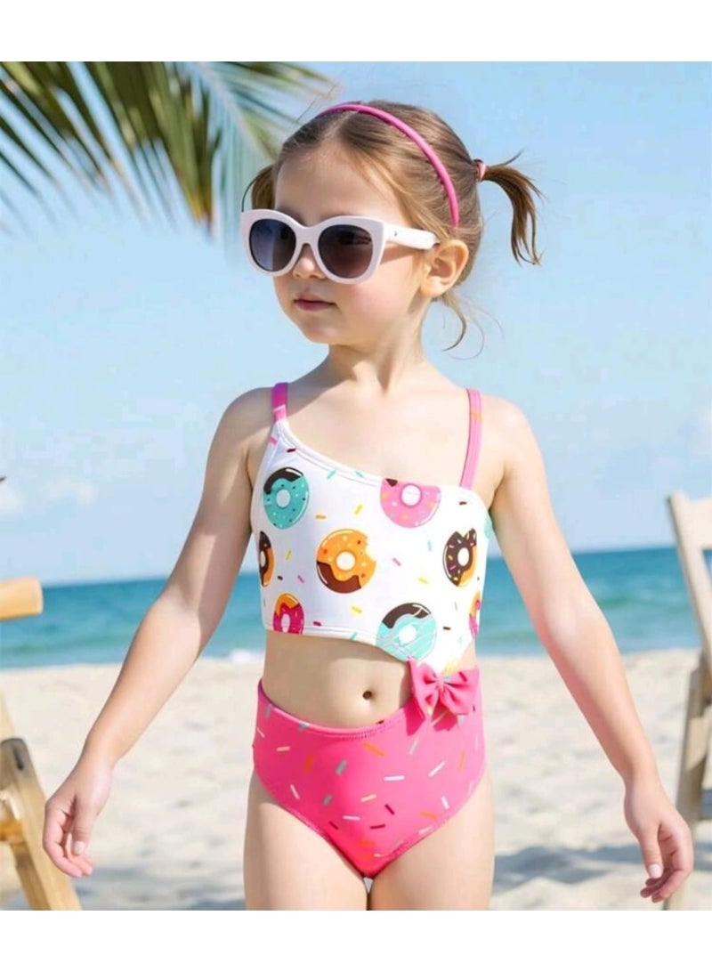 SHEIN Girls Young Girl Cute Donut Printed One-Piece Swimsuit With Bowknot, Hollow Waist Design, Spaghetti Straps Summer Holiday - Image 1