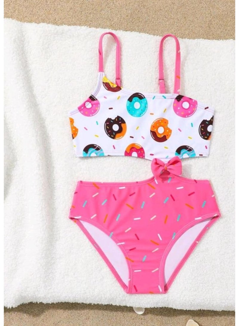 SHEIN Girls Young Girl Cute Donut Printed One-Piece Swimsuit With Bowknot, Hollow Waist Design, Spaghetti Straps Summer Holiday - Image 5