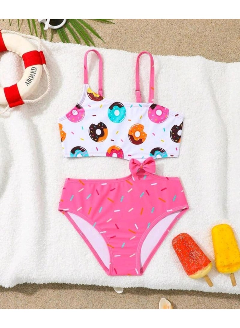 SHEIN Girls Young Girl Cute Donut Printed One-Piece Swimsuit With Bowknot, Hollow Waist Design, Spaghetti Straps Summer Holiday - Image 3