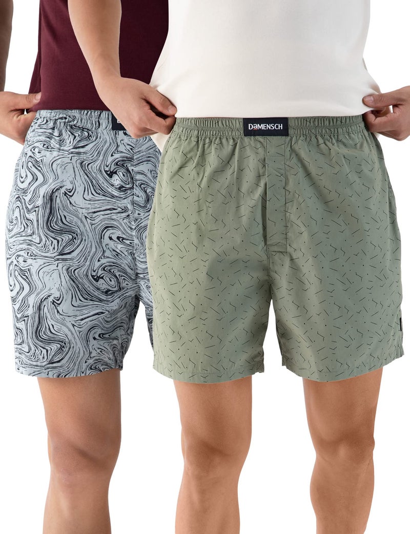 DAMENSCH Boxer Shorts Regular Fit 100% Cotton Inner Boxer Back Pocket Breathable Super-Soft Anti-Bacterial Microfibre Waistband Ultra-Light Innerwear for Men-Dot Green, Marble Grey-XL - Image 1