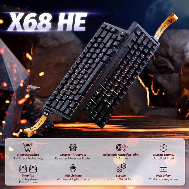 ATTACK SHARK X68 HE 8000Hz Rapid Trigger Keyboard, 0.01mm RT Accuracy Wired Gaming Keyboard with Magnetic Switch, Adjustable Actuation, Rapid Trigger, Snap Tap, RGB Lighting for PC/Mac, Black - Image 2