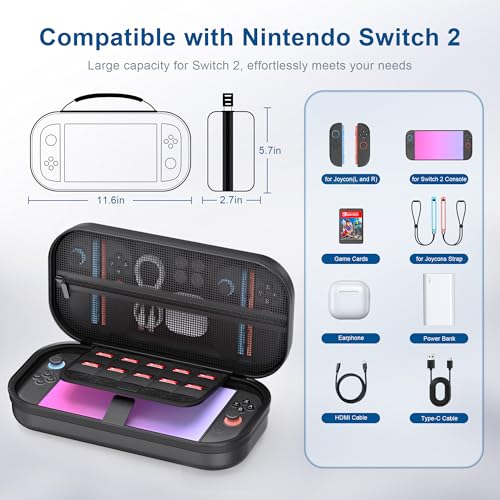 STARTRC GAMES Switch 2 Large Capacity Carrying Case for Nintendo Switch 2 (2025), Portable PU Hard Travel Case with Pockets for Accessories and Game Cards, Slim Protective Bag for Switch 2 Holds 10 Game Cartridge - Image 2