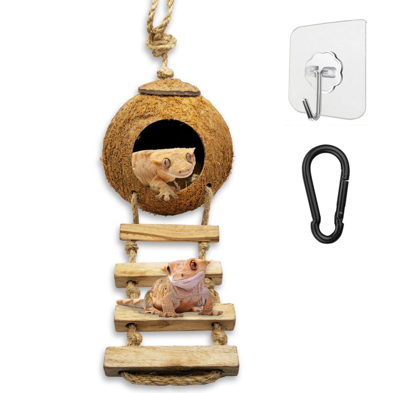 Favozio Leopard & Crested Gecko Coconut Cave Reptile Hide with Ladder, Snake Natural Coco Shell Hut Hideout, Terrarium Tank Decor Accessories, Hamster Climbing Toy, with Sticky Wall & Carabiner Hook - Image 1