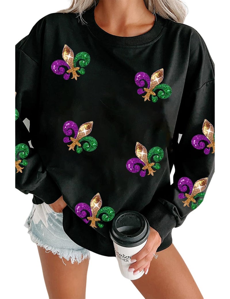 Ecosunny Women's Black Sequin Carnival Graphic Sweatshirt Round Neck Long Sleeve Casual Print Holiday Tops Mardi Gras - Image 1