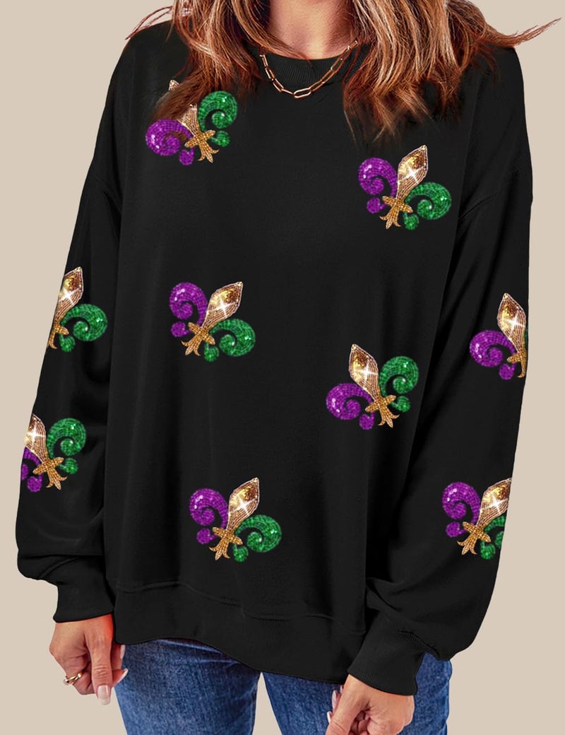 Ecosunny Women's Black Sequin Carnival Graphic Sweatshirt Round Neck Long Sleeve Casual Print Holiday Tops Mardi Gras - Image 2
