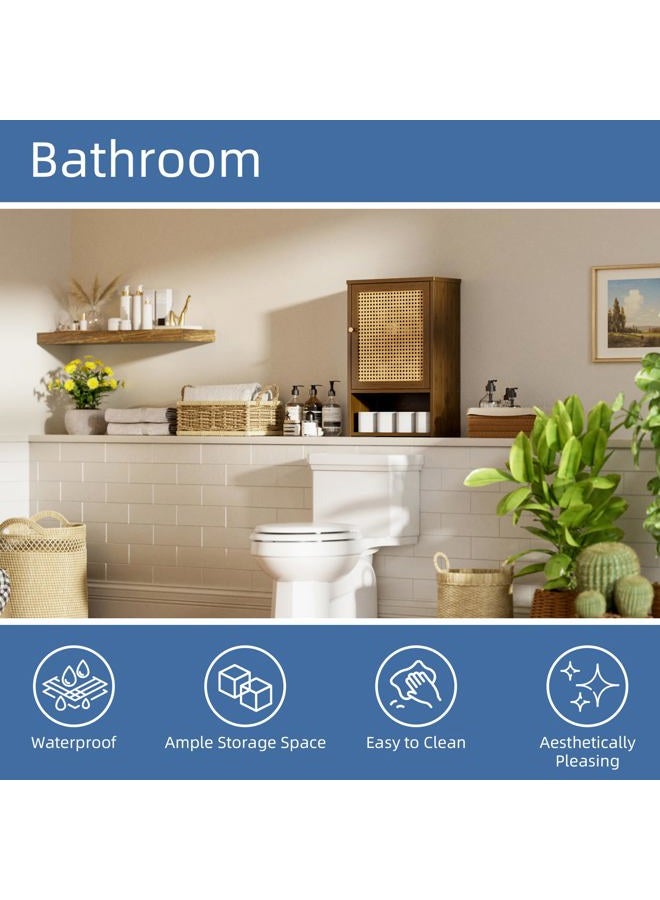 HITNET Bathroom Cabinet Wall Mounted, Rattan Medicine Cabinet, Bamboo Hanging Storage Organizer Over the Toilet with Adjustable Shelf for Living Room, Kitchen, Hallway (Walnut) - Image 4