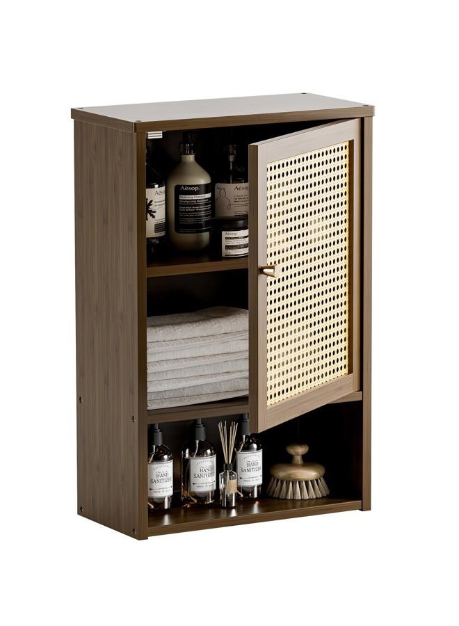 HITNET Bathroom Cabinet Wall Mounted, Rattan Medicine Cabinet, Bamboo Hanging Storage Organizer Over the Toilet with Adjustable Shelf for Living Room, Kitchen, Hallway (Walnut) - Image 1