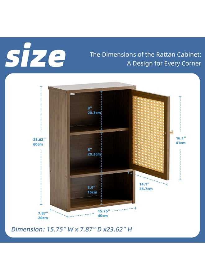 HITNET Bathroom Cabinet Wall Mounted, Rattan Medicine Cabinet, Bamboo Hanging Storage Organizer Over the Toilet with Adjustable Shelf for Living Room, Kitchen, Hallway (Walnut) - Image 3
