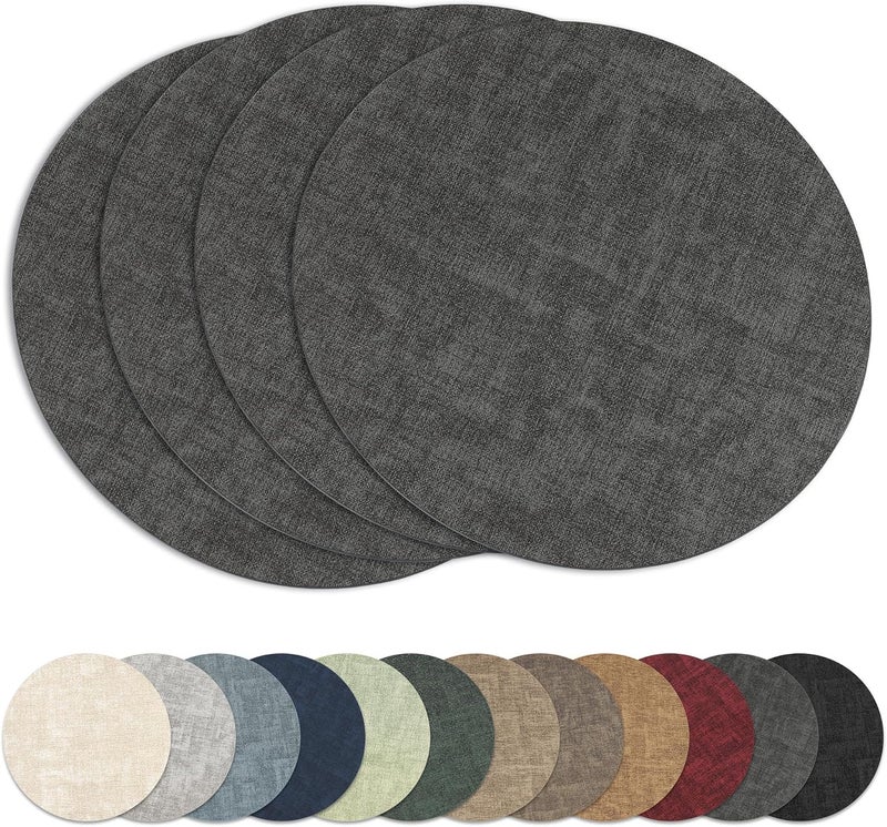 NCUE 13"Round Placemats Set of 4, Reversible Faux Leather Heat Resistant Table Mats, 100% Waterproof Oilproof Wipeable Table Protective Placemats for Vinyl, Washable for Indoor & Outdoor Use (4, Deep Gray) - Image 1