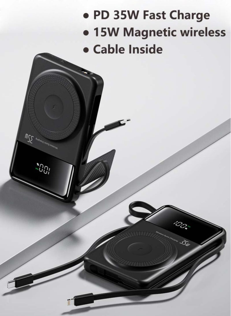 ZEPONOVA 10000mAh Power Bank Fast Charging 35w high-Speed, Magnetic Wireless Charging & Type C and Lightning cable Portable Charger (Black) - Image 1