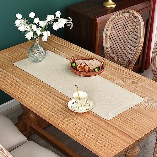NEWISHER Farmhouse Rustic Table Runner Solid Beige Rectangular Table Runners Faux Linen Table Runner for Everyday Use Kitchen Dining Party Table 13x36 Inch - Image 1
