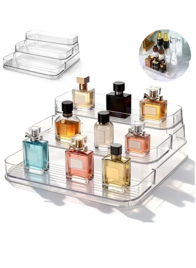 رف عطور أكريليك مدرج بتصميم 3 طبقات - منظم مكياج وعطور احترافي لسطح التسريحة - حل تخزين ذكي وعصري لعرض المجسمات، منتجات التجميل، واكسسوارات الزينة - Image 1