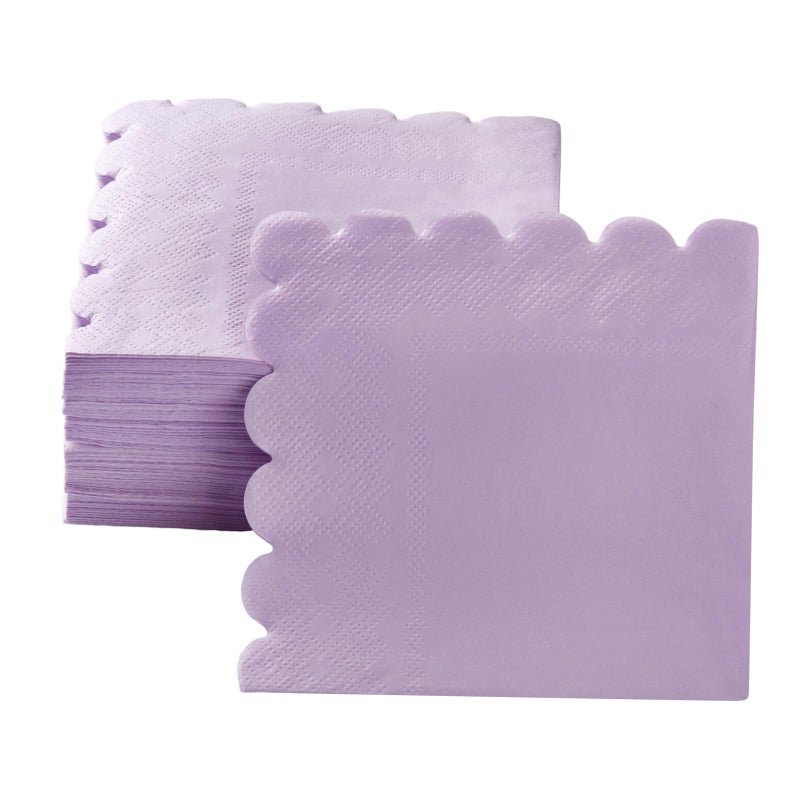 BEFORYOU 100 Pack Cocktail Napkin 2-Ply Scalloped Edged Dessert Napkins Folded 5 x 5 Inches Disposable Napkins for Dinner Wedding Birthday Party Bridal Anniversary Reception Event (Purple) - Image 4